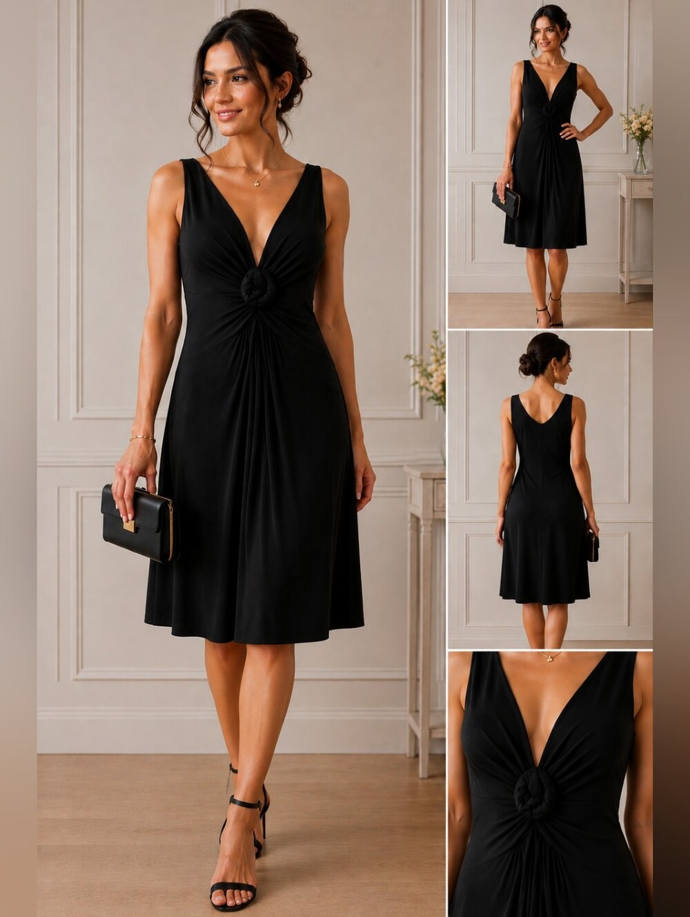 Joseph Ribkoff Vintage Deep V-Neck LBD | Plunging Knot Front | Sz8 | Like New